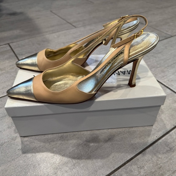 Manolo Blahnik Shoes - Manolo Blahnik Nude and Silver Pointed-Toe Slingback Heels